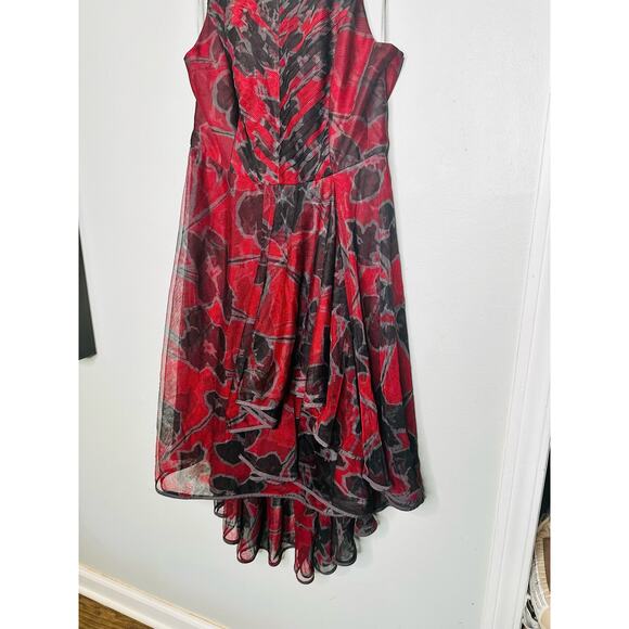 HALSTON Red Black Floral Printed Tulle Hourglass Sleeveless Midi Dress Size 12 - Picture 9 of 11